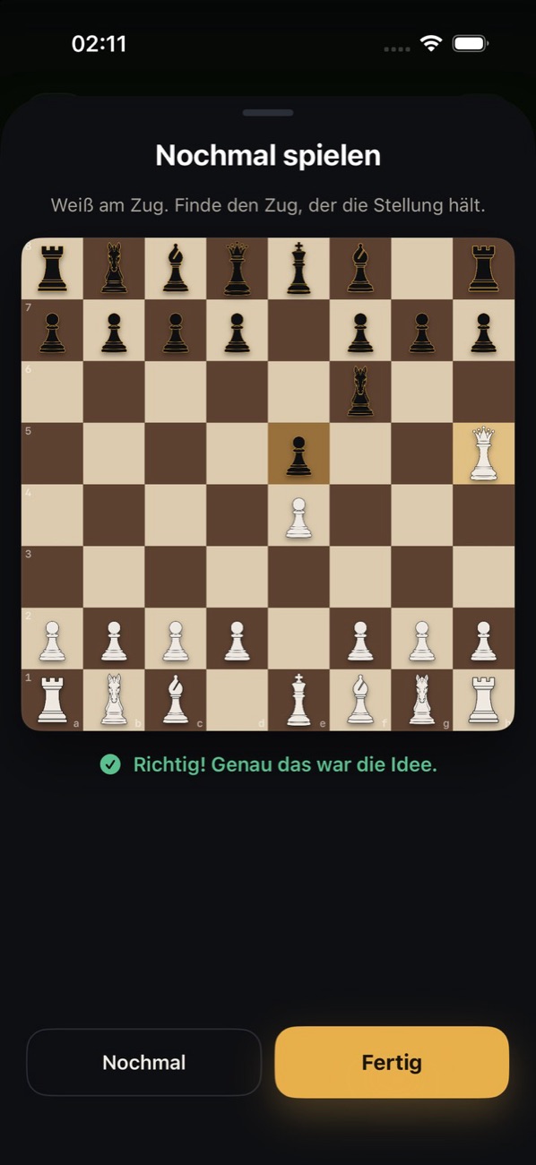Übungsmodus von ChessWOW: kritischen Zug nochmal spielen